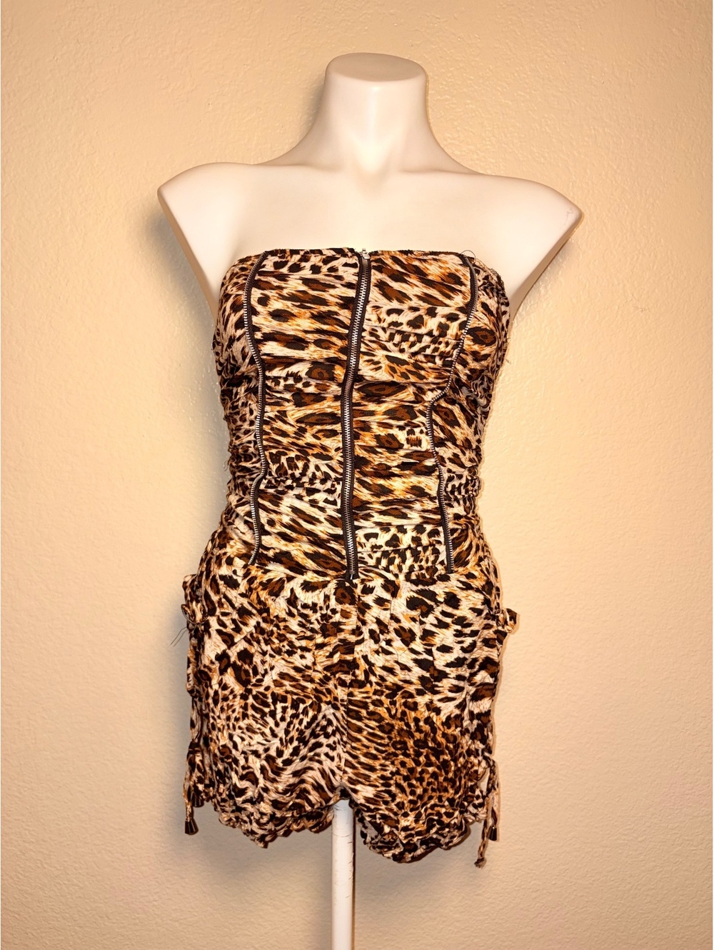 Y2K Fcny Scene Leopard Print Strapless Romper Front Zipper #13